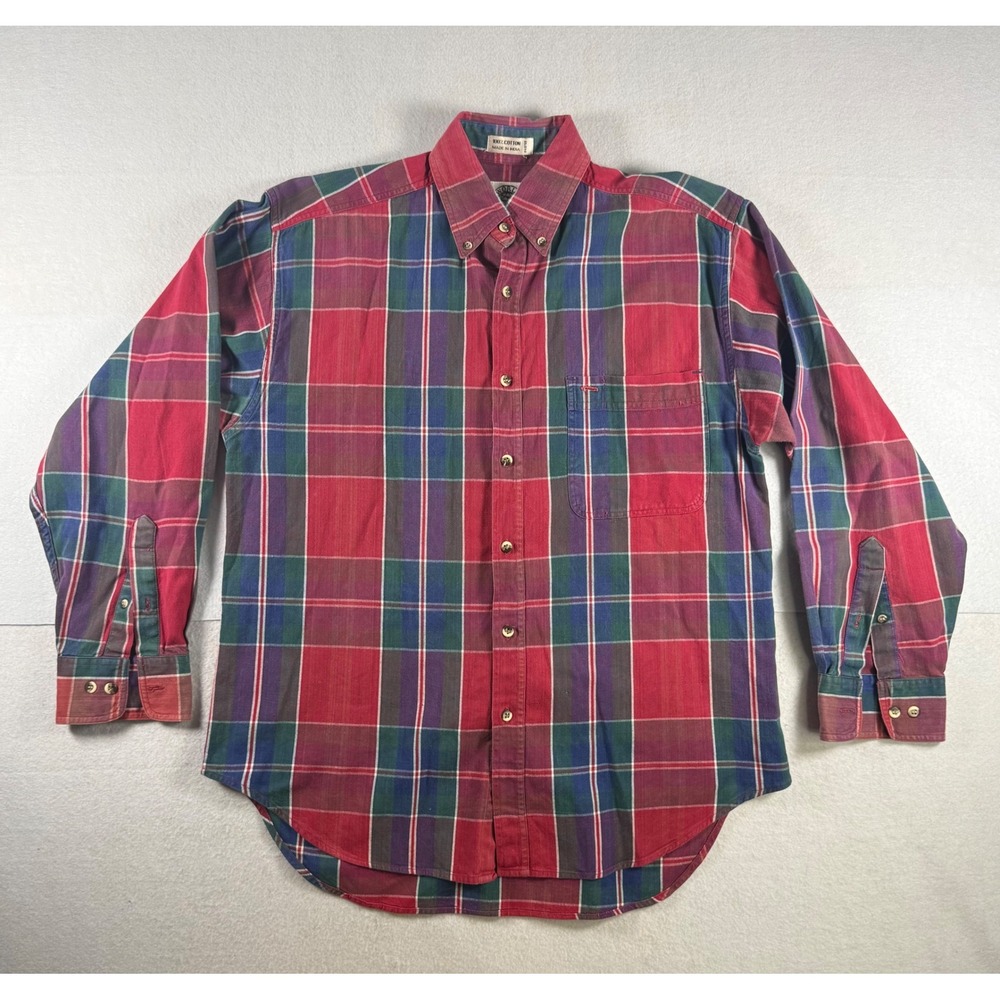 World Island Mens Plaid Button Down Shirt Red Green Blue Cotton Long Sleeve M